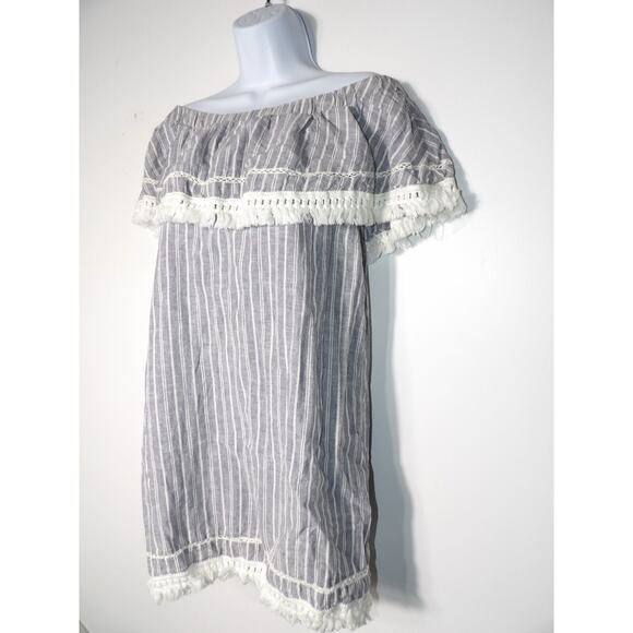 1. State Tunic Small Linen Chambray Off Shoulder Boho Blue White Stripe Cottage - Picture 3 of 12